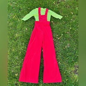 70s Vintage Red Corduroy Flared Overalls Sz Xs